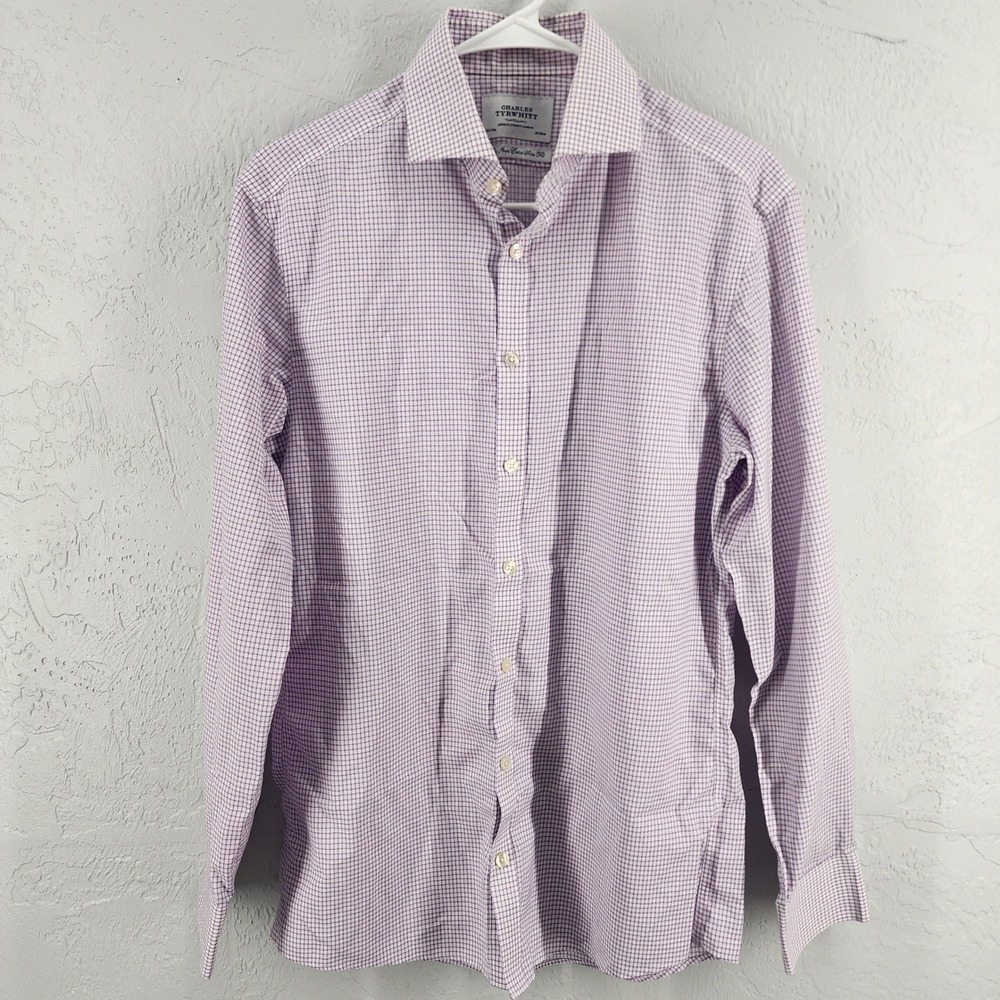 Charles Tyrwhitt Mens 15.5/34 Purple White Check Non-Iron Extra Slim Dress Shirt